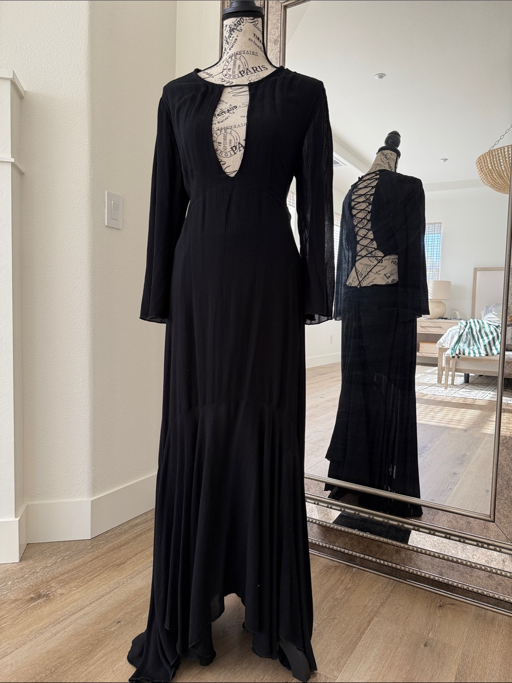 Free People Black Long Sleeve Lace-Up Back Maxi Dress